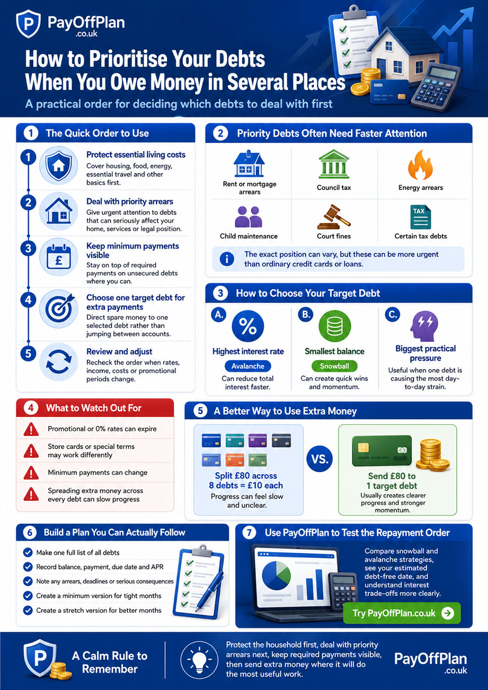 Infographic on sorting debts into useful groups when prioritising repayments.